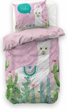 Little Monster Hola Lama roze kinderdekbedovertrek 140x200 met vrolijke lamaprint.