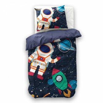 Little Monster Spaceman 2 blauw kinderdekbedovertrek 140x200 met astronaut en planeten.