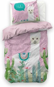 Little Monster Hola Lama roze kinderdekbedovertrek 140x200 met vrolijke lamaprint.