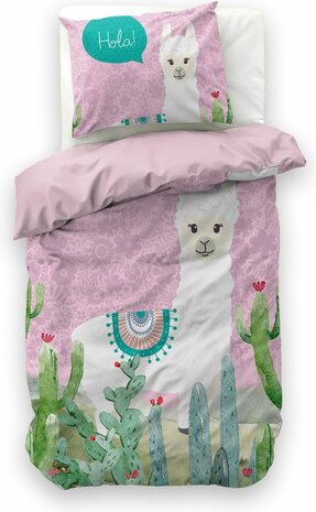 Little Monster Hola Lama roze kinderdekbedovertrek 140x200 met vrolijke lamaprint.