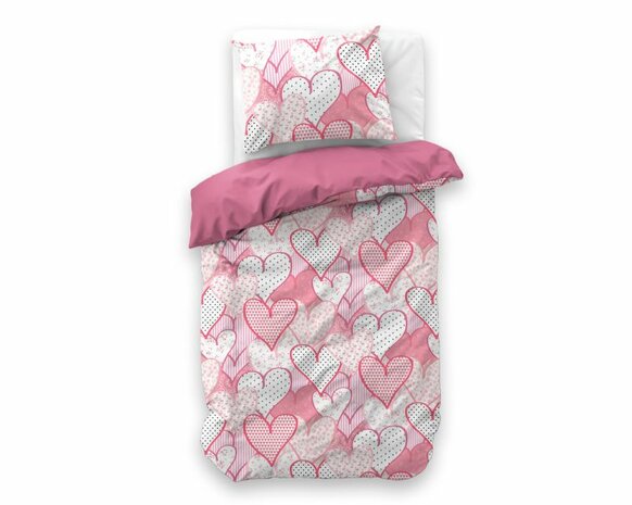 Little Monster Hearts Love roze kinderdekbedovertrek 140x200 met vrolijke hartjesprint.